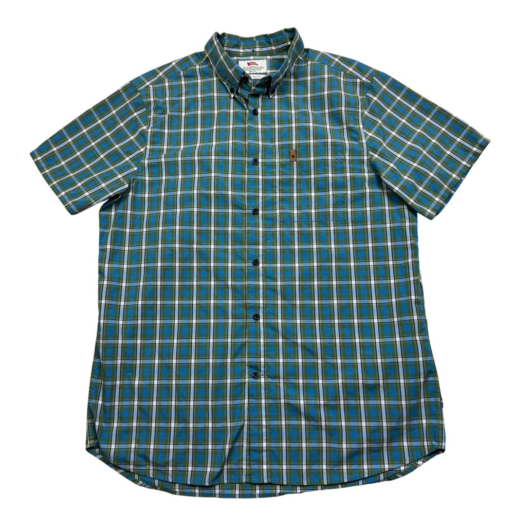 Fjallraven Men's Ovik Short Sleeve Shirt Button Down Blue Green Plaid Size L